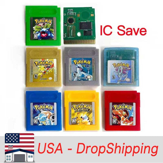 (Shipped from the United States) USA IC Save cart Pokemon Crtstal, Red, Blue green,Yellow, Gold, Silver, Game Cartridge for GBC