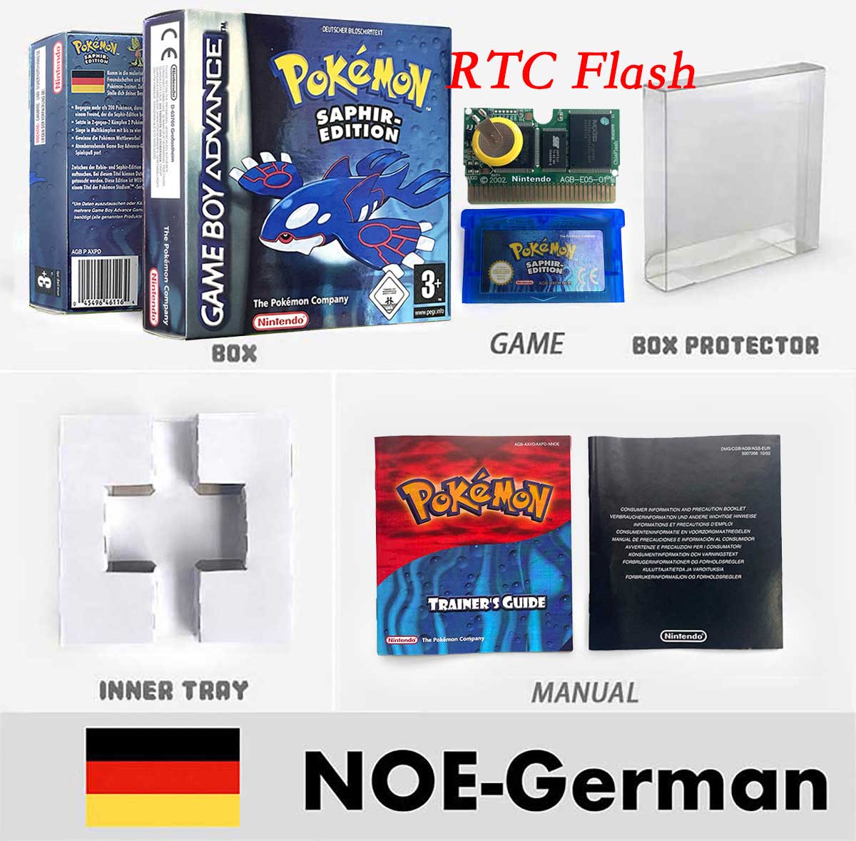 USA FRA NOE FRA RTC/1 M Flash CART pokemon sapphire ruby leafgreen emerald firered sealed box tray Game Cartridge manual for gba