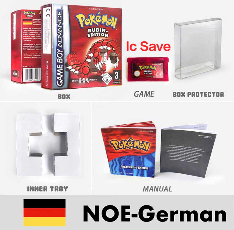 USA FRA NOE FRA IC SAVE Pokemon Emerald Ruby Sapphire LeafGreen Firered Sealed Box Tray Game Cartridge Manual for Gba
