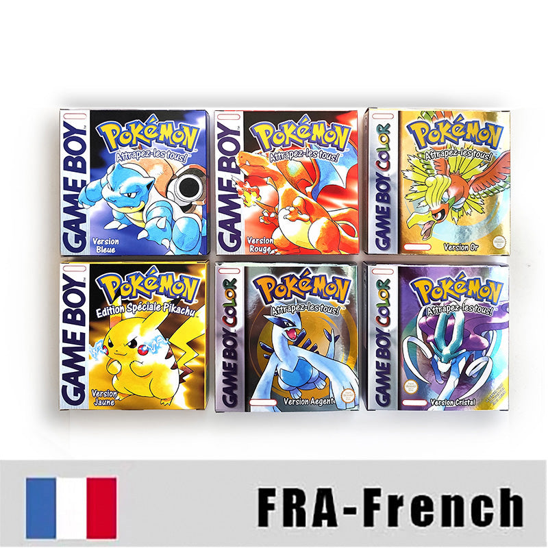 Battery Save pokemon yellow blue red crystal silver gold green USA EUR FRA ESP NOE ITA Game Cartridge with box for GBC