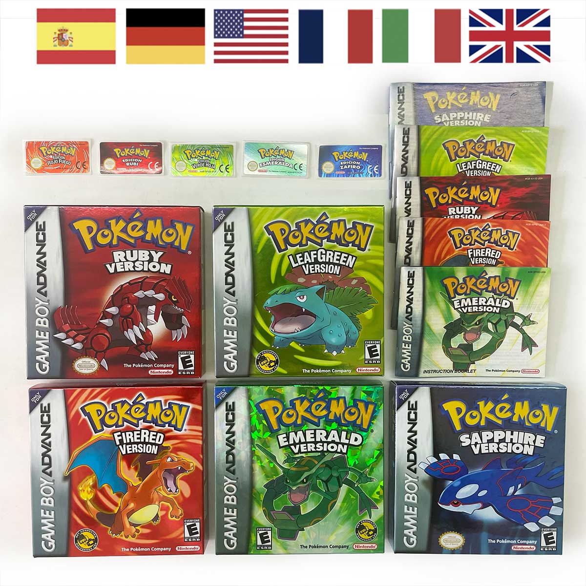 USA FRA NOE ESP ITA EUR Pokemon Emerald Sapphire Leafgreen Ruby Firered Metallic FoilFinish Box Trey Manual label for GBA