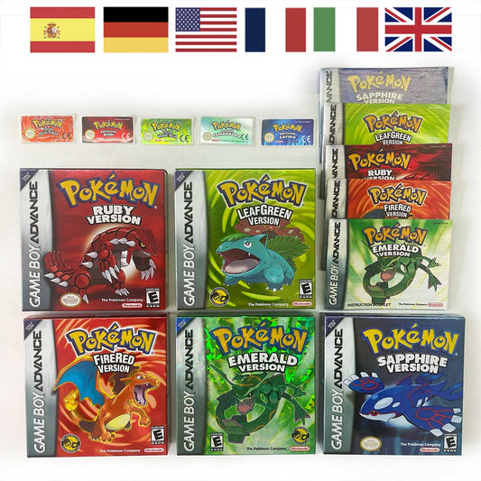 USA FRA NOE ESP ITA EUR Pokemon Emerald Sapphire Leafgreen Ruby Firered Metallic FoilFinish Box Trey Manual label for GBA