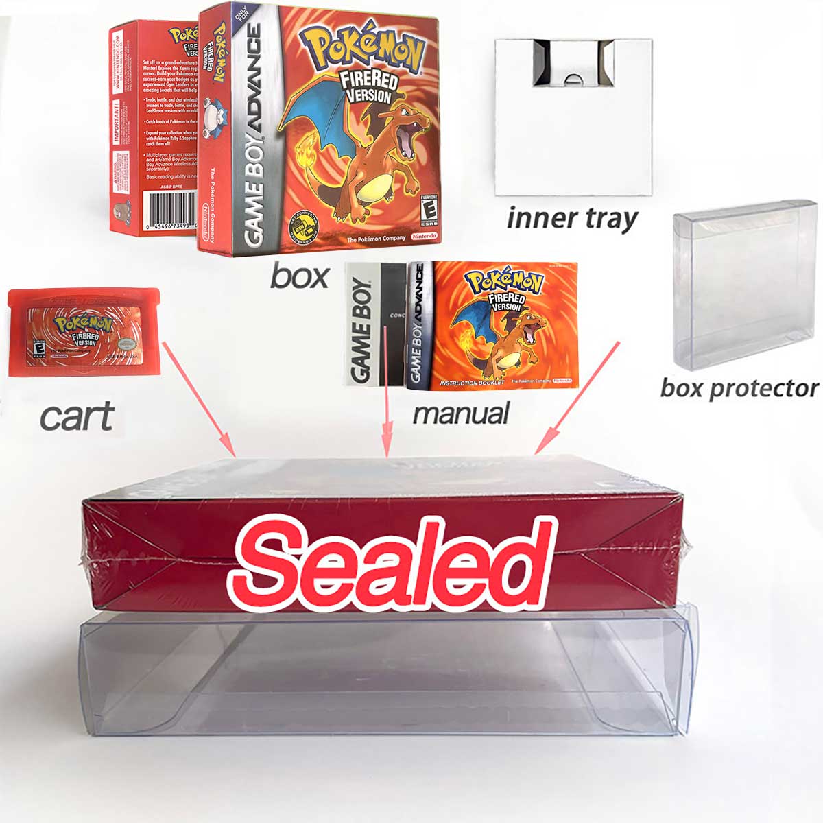 USA FRA NOE FRA IC SAVE Pokemon Emerald Ruby Firered Sapphire LeafGreen Sealed Box Tray Game Cartridge Manual for Gba