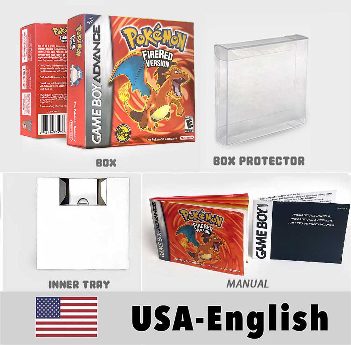 USA FRA NOE FRA Pokemon Emerald Ruby Firered Sapphire LeafGreen Box Tray Manual for Gba