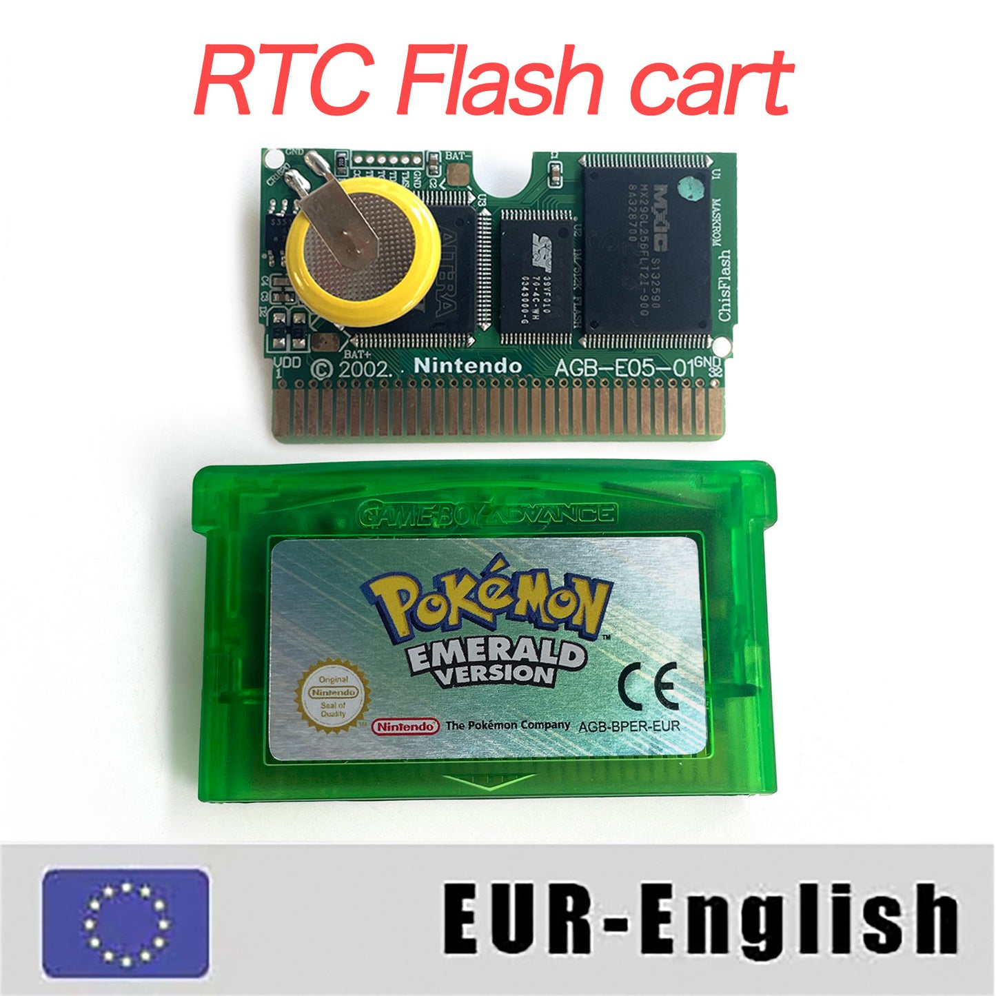 EUR English IC save rtc flash cart Real Time Clock pokemon emerald version box with tray Nintendo game cartridge for gba
