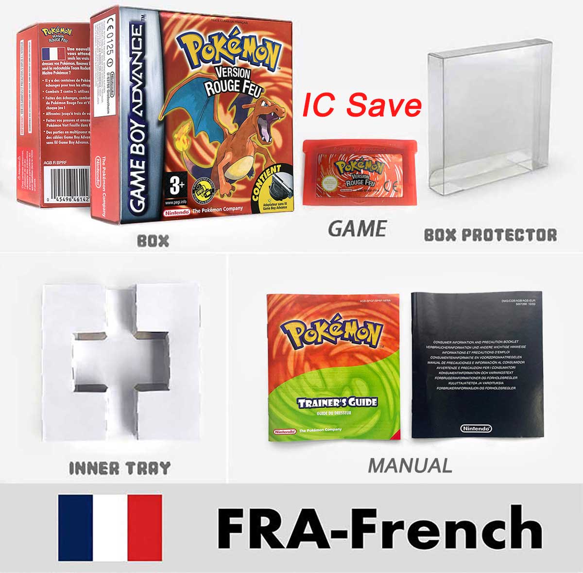 USA FRA NOE FRA IC SAVE Pokemon Emerald Ruby Firered Sapphire LeafGreen Sealed Box Tray Game Cartridge Manual for Gba