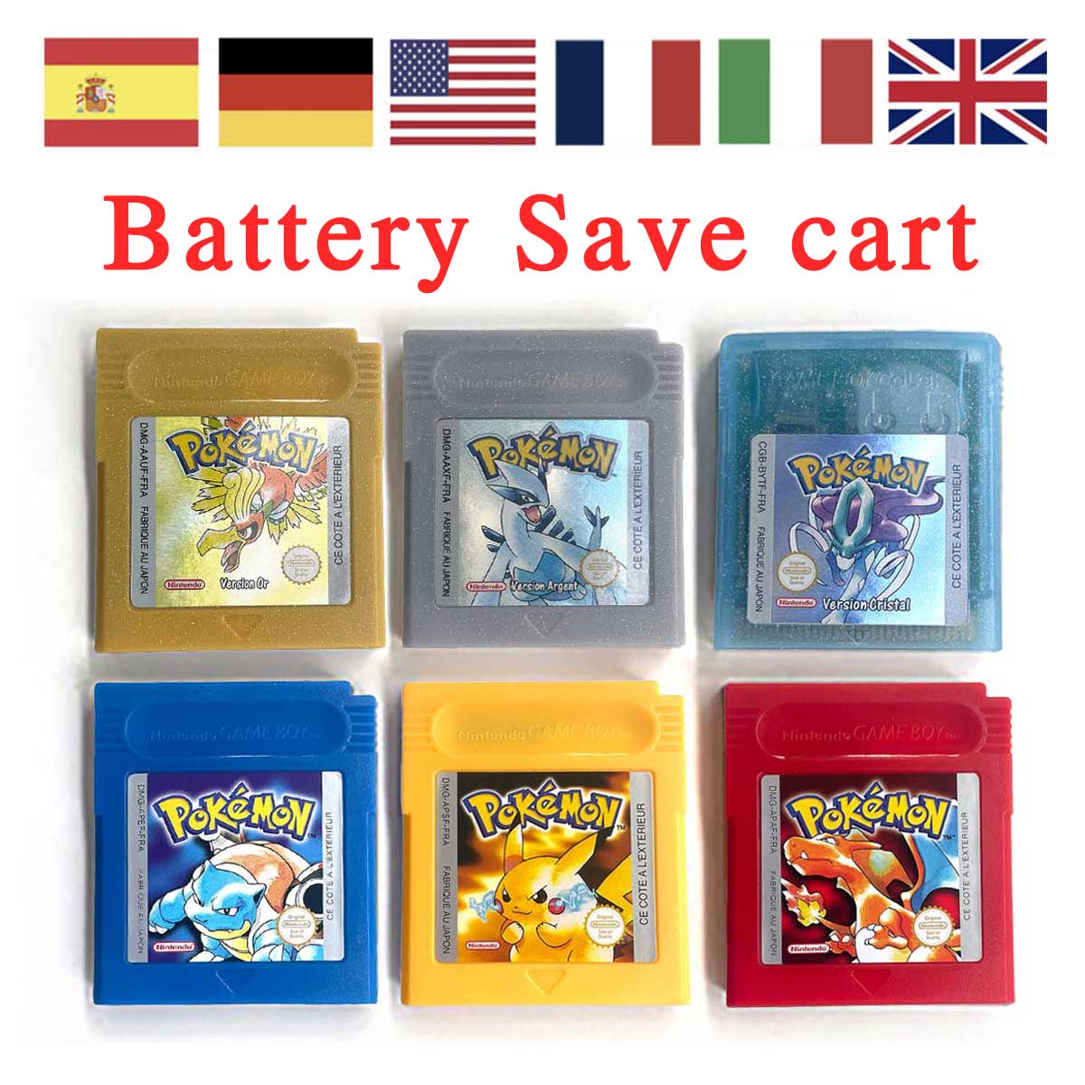 USA ITA NOE FRA ESP EUR version battery save cart pokemon crystal gold silver yellow red blue 16 bit Game Cartridge for GBC