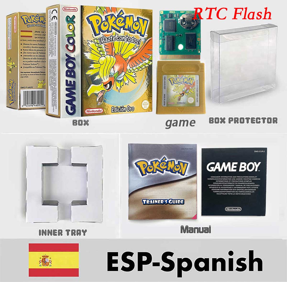 USA ITA NOE FRA ESP pokemon RTC Gold silver crystal NO RTC yellow red blue sealed 16 bit box tray manual Game Cartridge for GBC