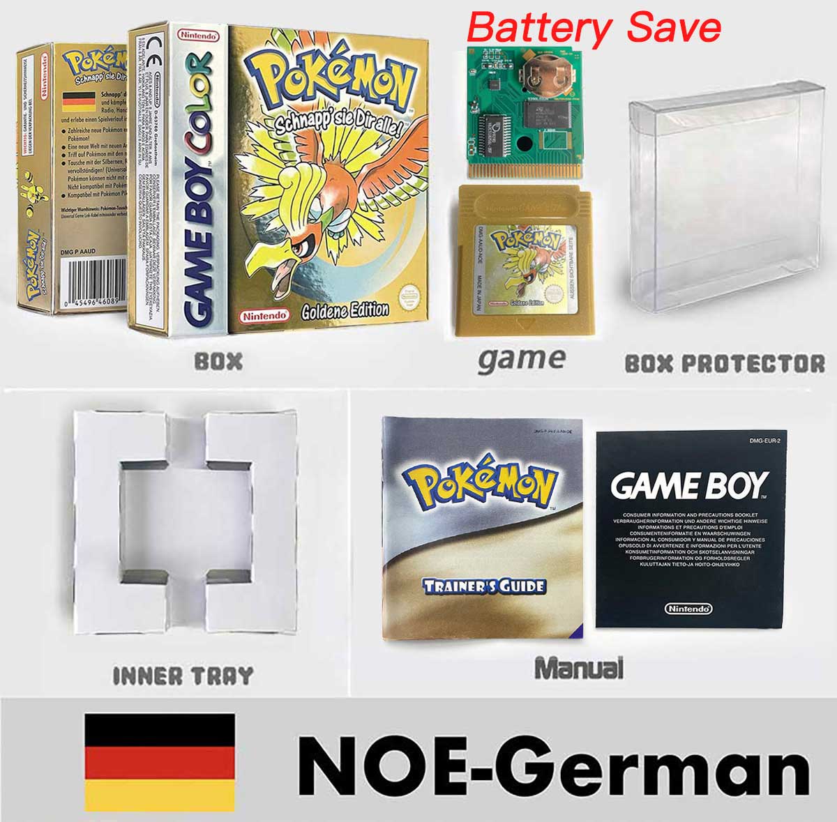 USA ITA NOE FRA ESP version battery save cart sealed pokemon crystal gold silver yellow red blue 16 bit box tray manual Game Cartridge for GBC