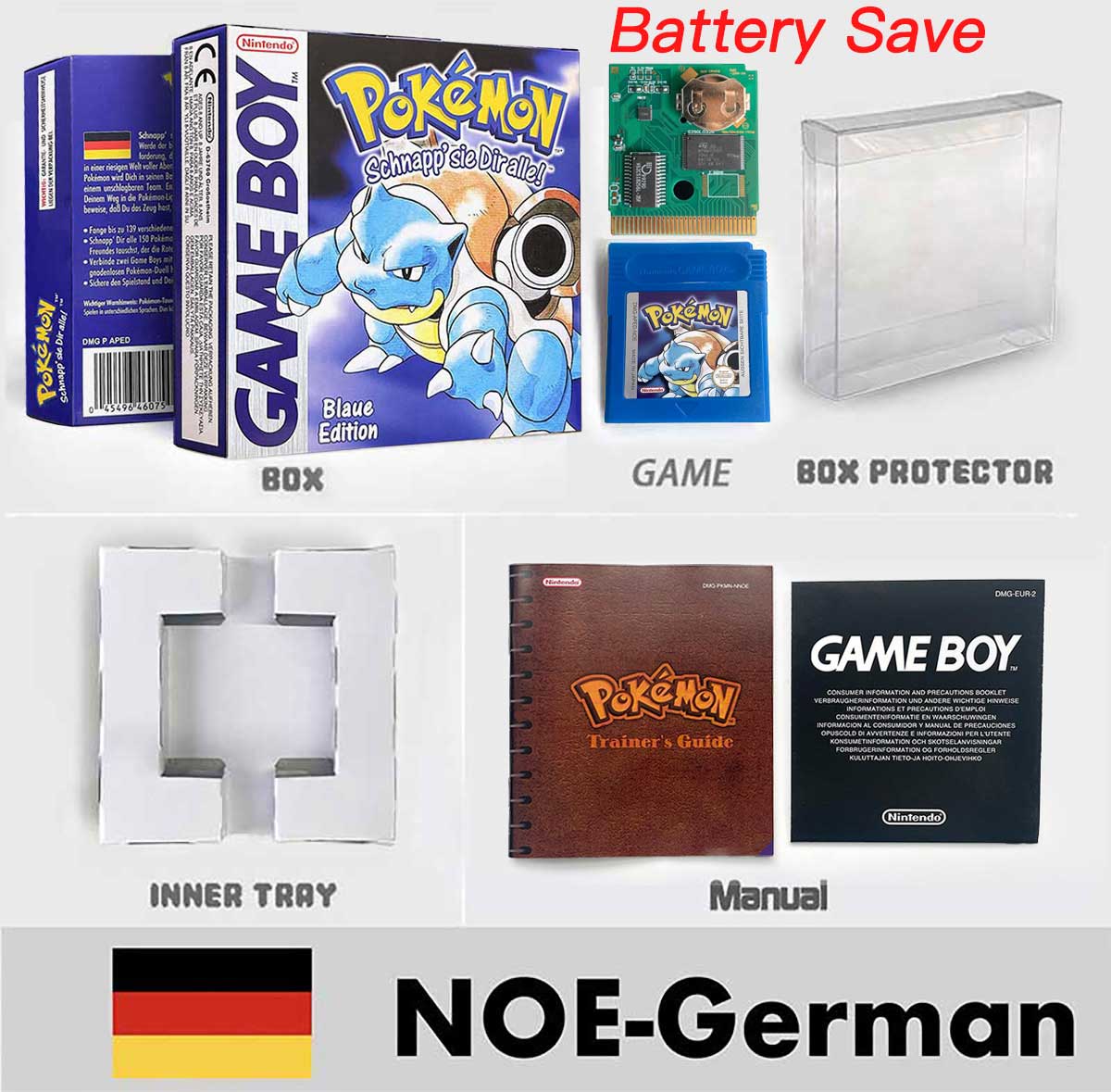 USA ITA NOE FRA ESP version battery save cart sealed pokemon crystal gold silver yellow red blue 16 bit box tray manual Game Cartridge for GBC