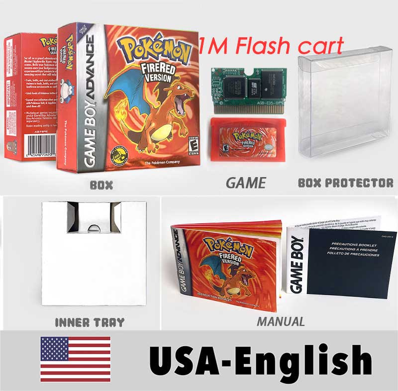 USA FRA NOE FRA RTC/1 M Flash CART pokemon sapphire ruby leafgreen emerald firered sealed box tray Game Cartridge manual for gba