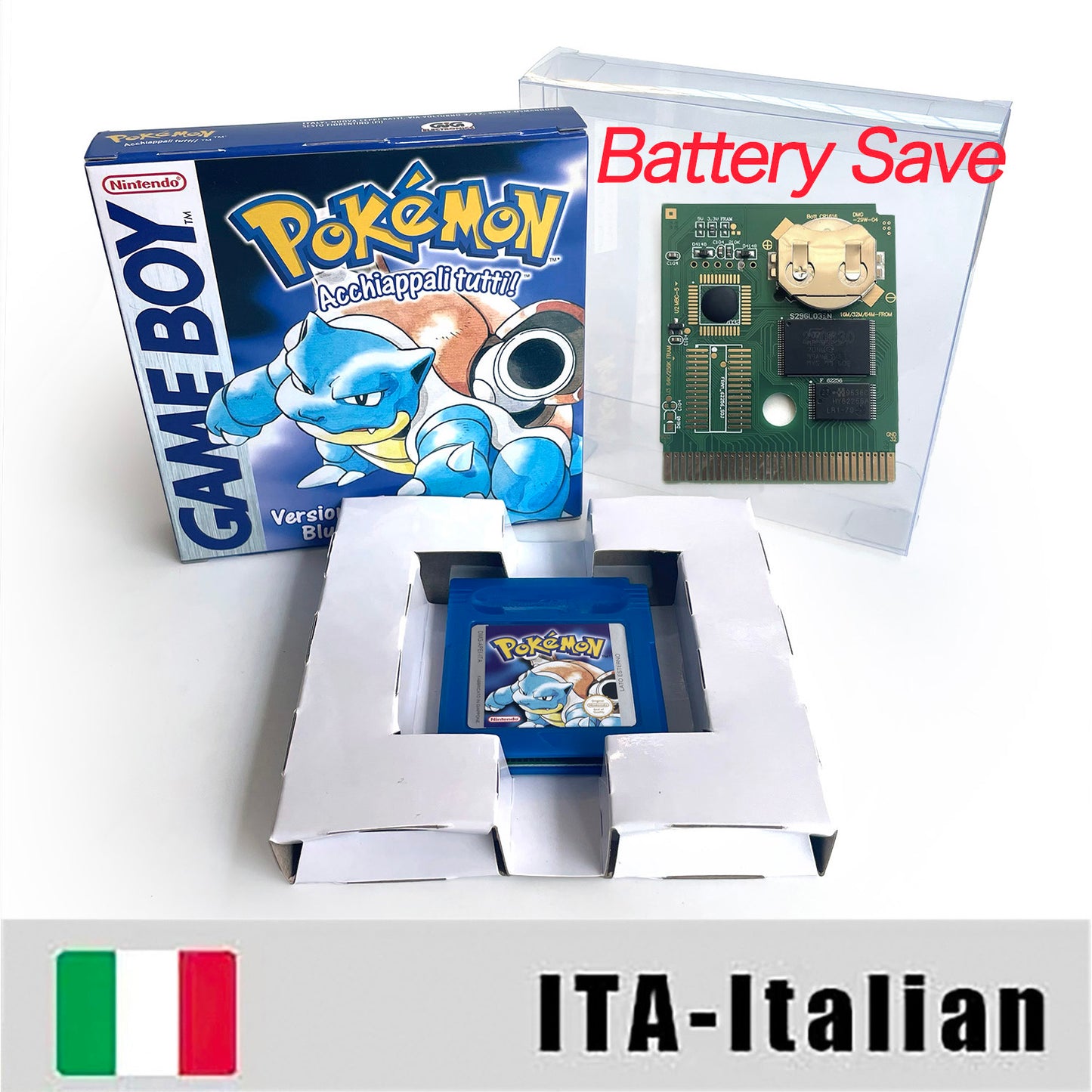 GBC game ITA Italian pokemon blue version Nintendo Battery save flash cart pokemon blu cartridge tray box gbc game boy color
