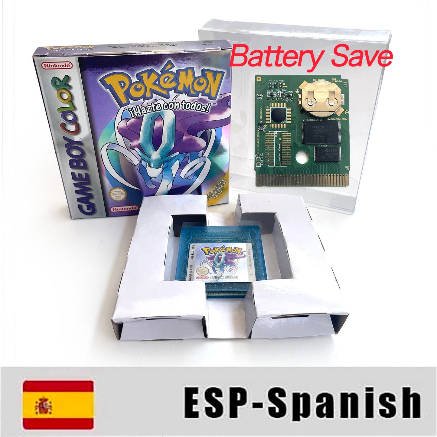 GBC game ESP Spanish pokemon crystal version RTC Flash cart Battery save Nintendo pokemon cristal cartridge tray box game boy color