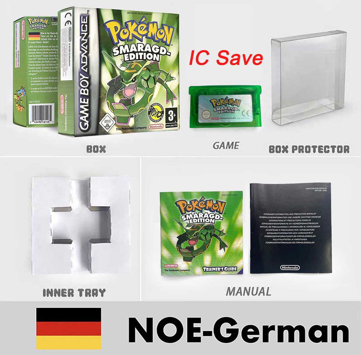 USA FRA NOE FRA IC SAVE Pokemon Emerald Ruby Firered Sapphire LeafGreen Sealed Box Tray Game Cartridge Manual for Gba