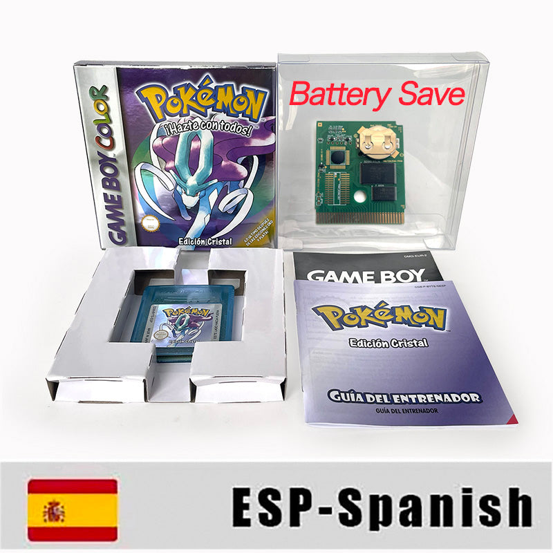 GBC game ESP Spanish pokemon crystal version RTC Flash cart Battery save Nintendo pokemon cristal cartridge tray box game boy color