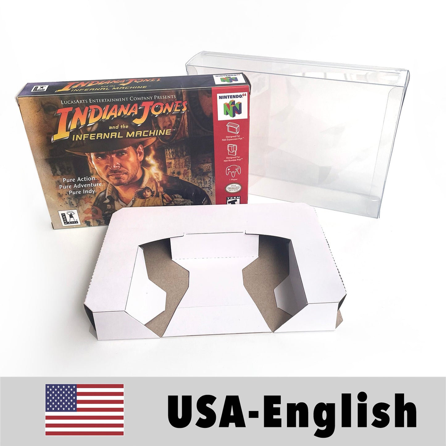 EUR PLA version English Indiana Jones and the Infernal Machine game cartridge with tray box for N64 Nintendo 64