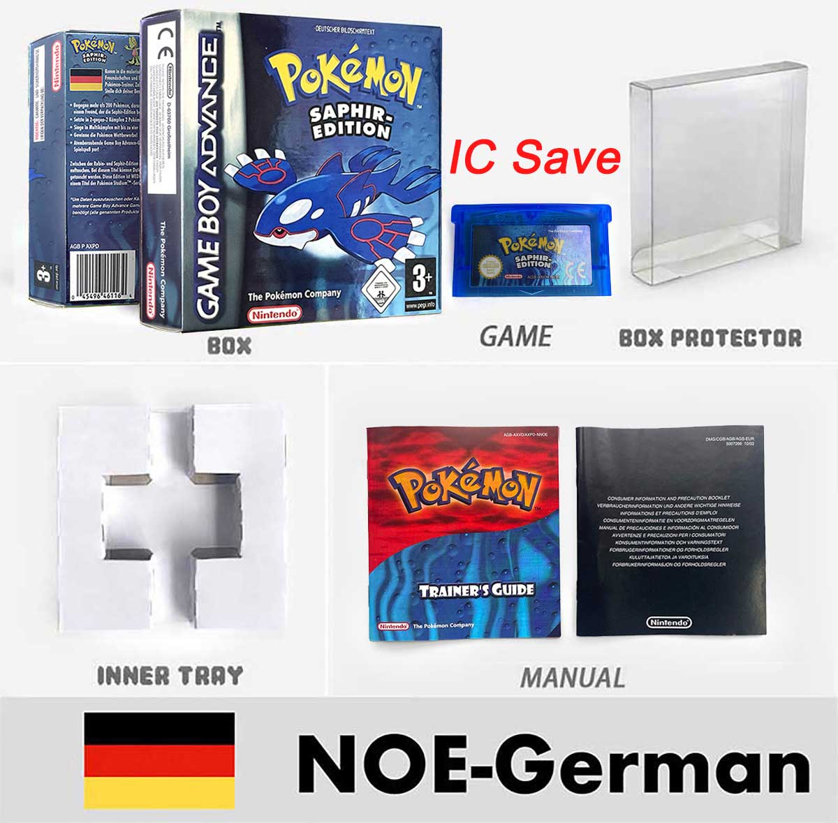 USA FRA NOE FRA IC SAVE Pokemon Emerald Ruby Firered Sapphire LeafGreen Sealed Box Tray Game Cartridge Manual for Gba