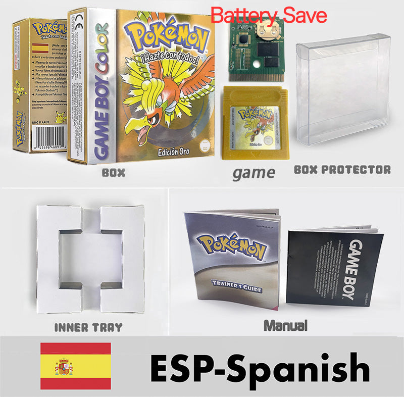 USA ITA NOE FRA ESP version battery save cart sealed pokemon crystal gold silver yellow red blue 16 bit box tray manual Game Cartridge for GBC