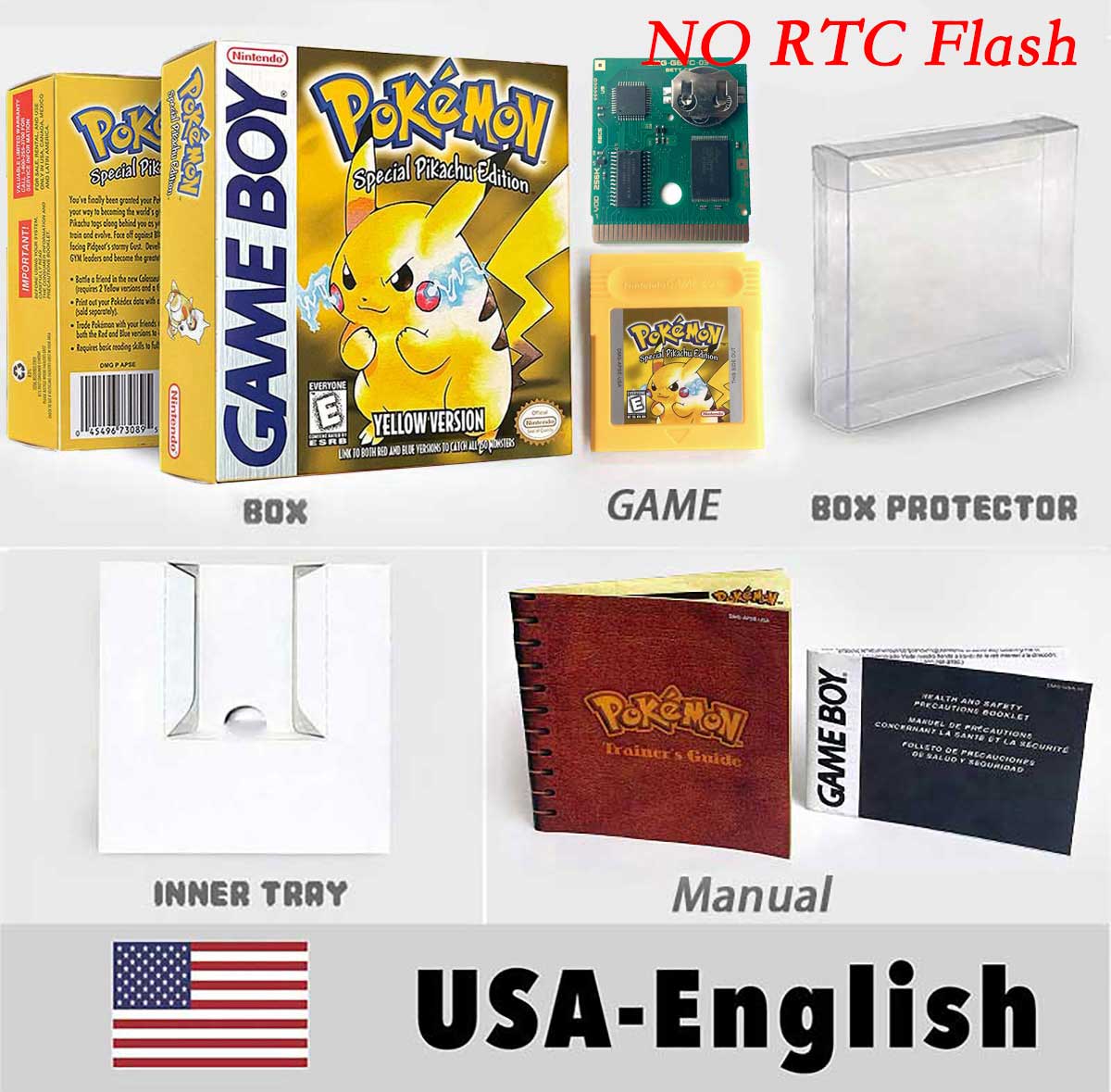 USA ITA NOE FRA ESP pokemon RTC Gold silver crystal NO RTC yellow red blue sealed 16 bit box tray manual Game Cartridge for GBC
