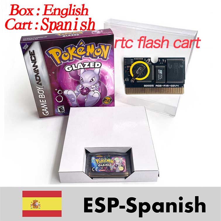 USA ESP RTC/1M Flash cart pokemon GLAZED Emerald Legacy firered rocket Unbound Odyssey lazarus Cartridge BOX Card Rom Hack for gba