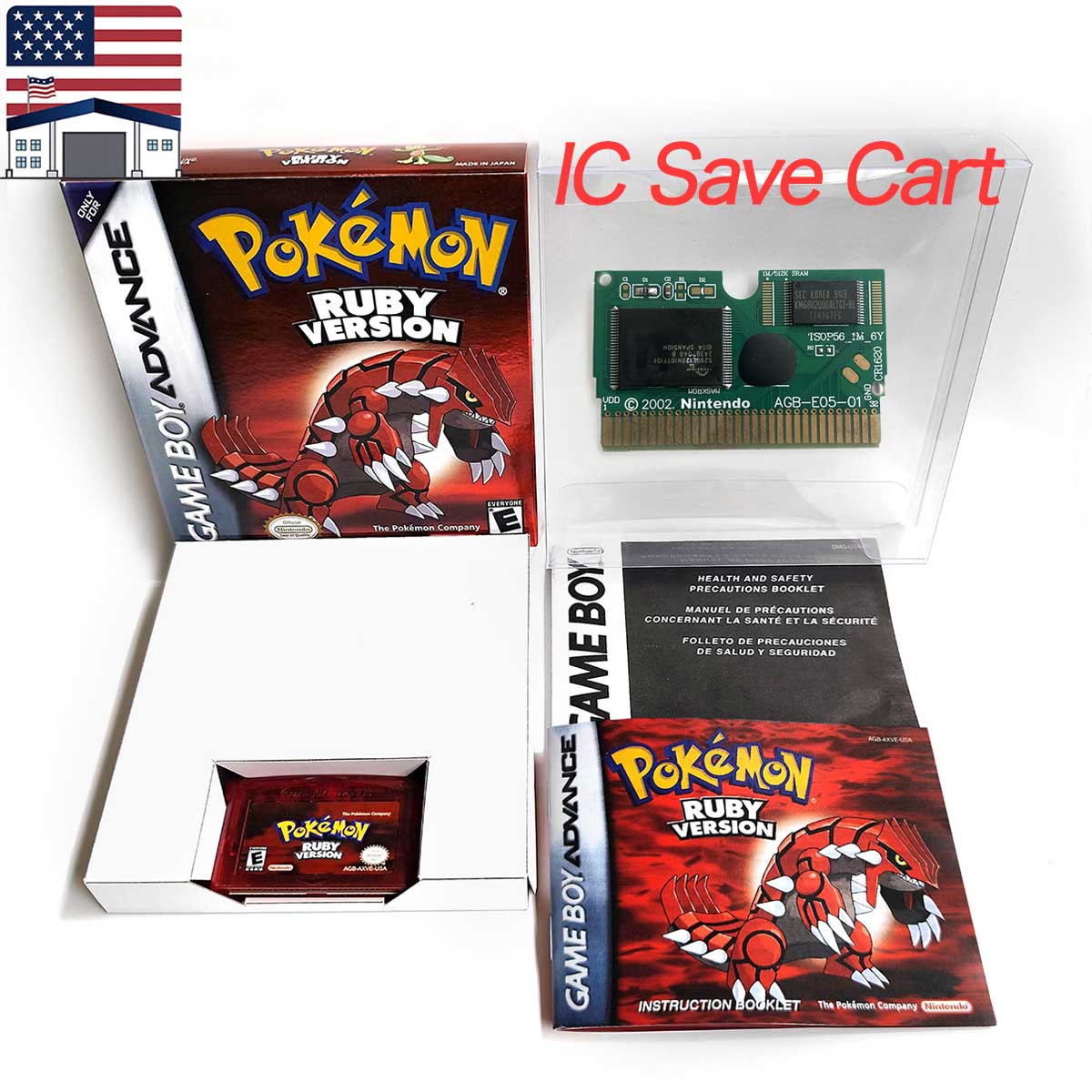 （Shipped from the United States) USA English IC Save Pokemon Emerald Sapphire Leafgreen Ruby Firered Metallic FoilFinish Box Trey Manual Game Cartridge for GBA