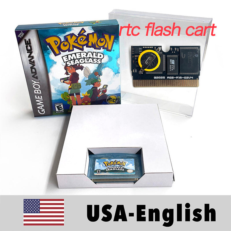 USA ESP RTC/1M Flash cart pokemon GLAZED Emerald Legacy firered rocket Unbound Odyssey lazarus Cartridge BOX Card Rom Hack for gba