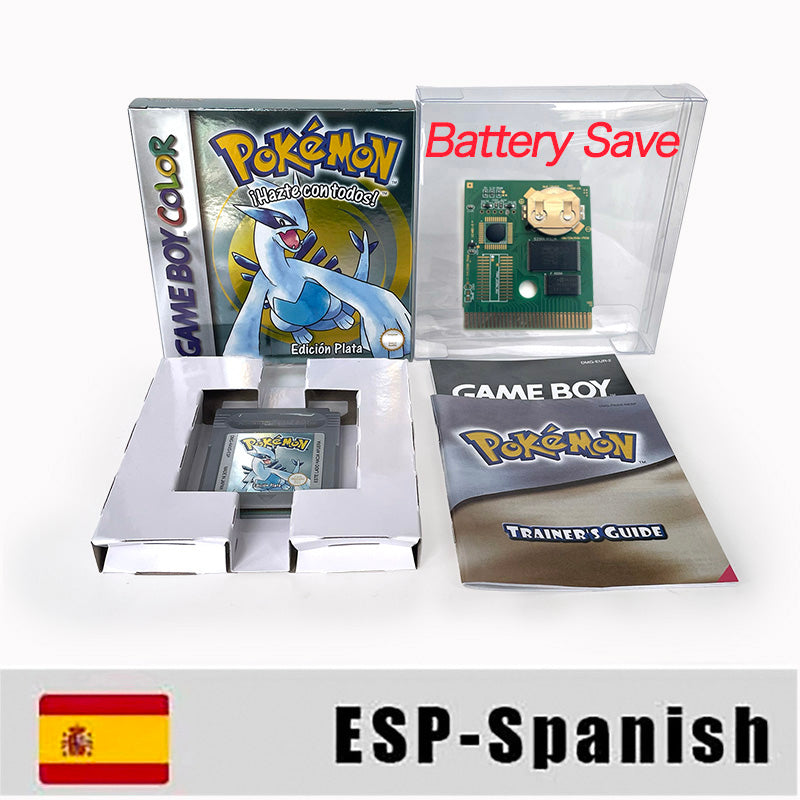 GBC game ESP Spanish pokemon silver version RTC Flash cart Battery save Nintendo pokemon plata cartridge tray box game boy color