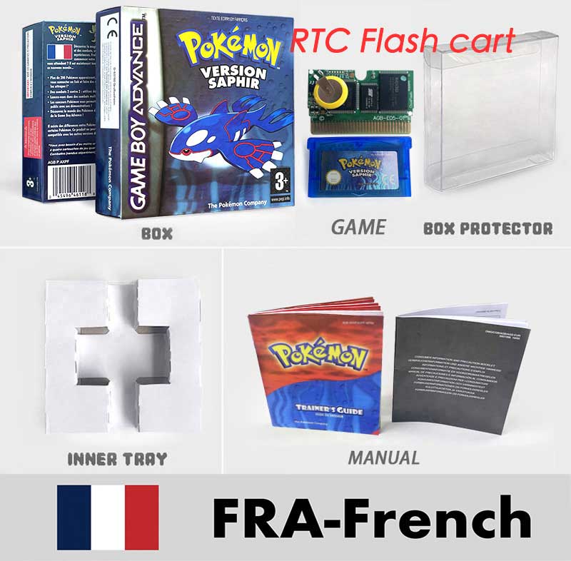 USA FRA NOE FRA RTC/1 M Flash CART pokemon sapphire ruby leafgreen emerald firered sealed box tray Game Cartridge manual for gba