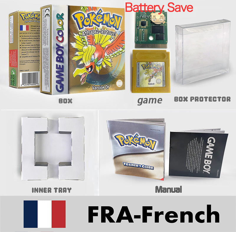 USA ITA NOE FRA ESP version battery save cart sealed pokemon crystal gold silver yellow red blue 16 bit box tray manual Game Cartridge for GBC