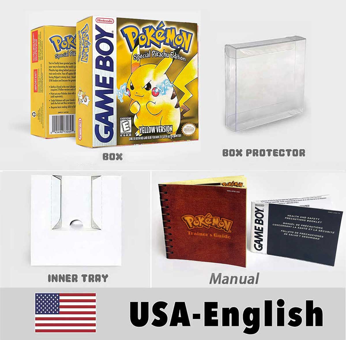 USA FRA NOE ESP ITA Pokemon Yellow Blue Red Crystal Silver Gold Green box and manual for GBC