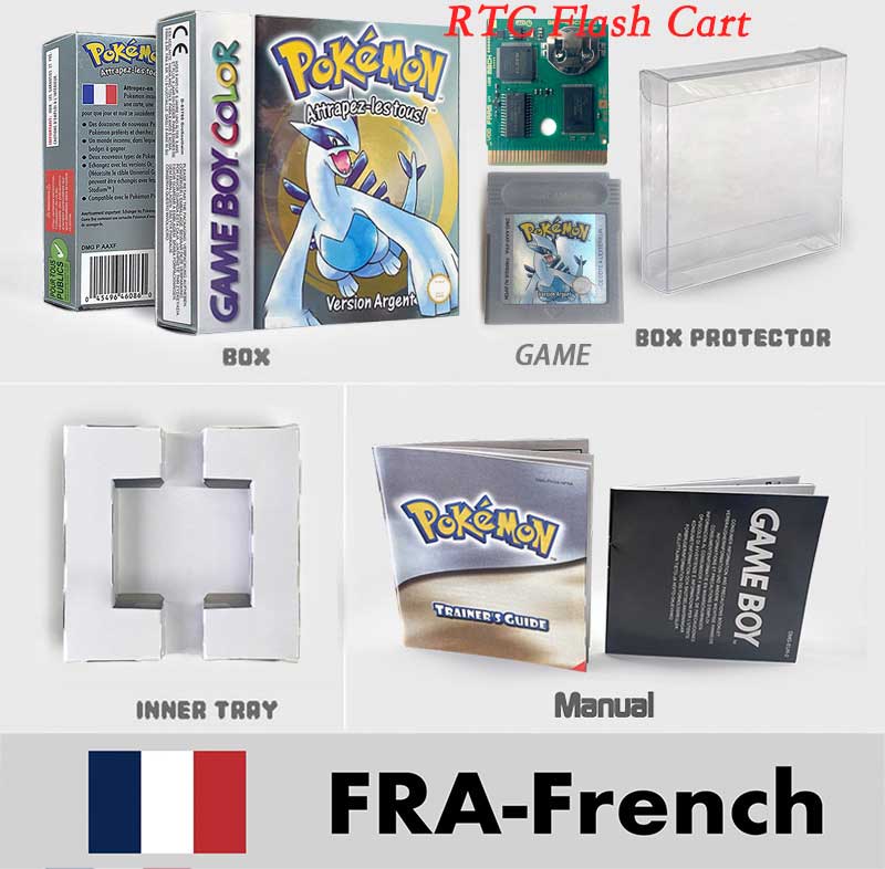 USA ITA NOE FRA ESP pokemon RTC Gold silver crystal NO RTC blue yellow red sealed 16 bit box tray manual Game Cartridge for GBC
