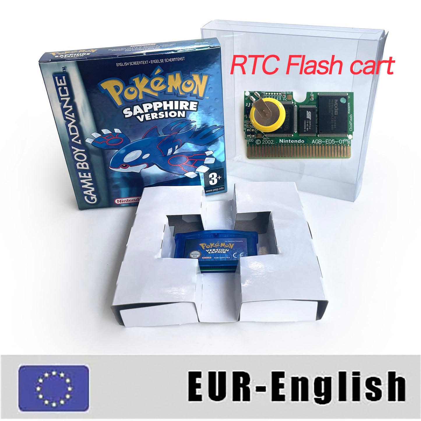 EUR English IC save rtc flash cart Real Time Clock pokemon sapphire version box with tray Nintendo game cartridge for gba