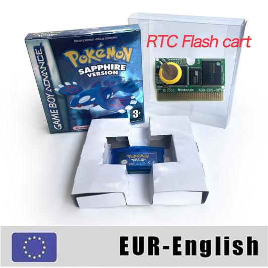 EUR English IC save rtc flash cart Real Time Clock pokemon sapphire version box with tray Nintendo game cartridge for gba
