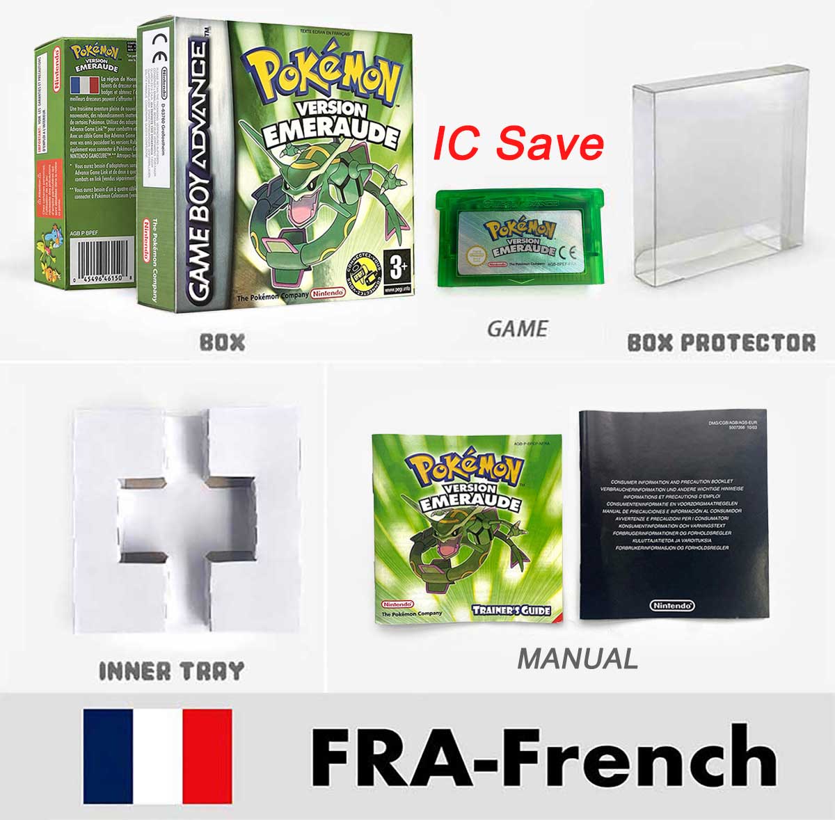USA FRA NOE FRA IC SAVE Pokemon Emerald Ruby Firered Sapphire LeafGreen Sealed Box Tray Game Cartridge Manual for Gba