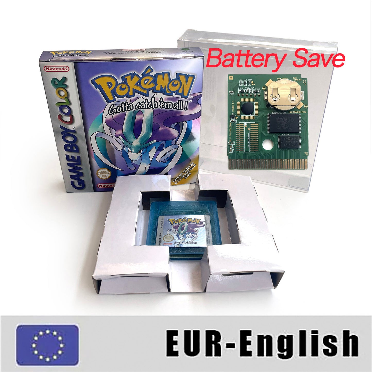 GBC game EUR english pokemon crystal version RTC Flash cart Battery save Nintendo cartridge tray box game boy color