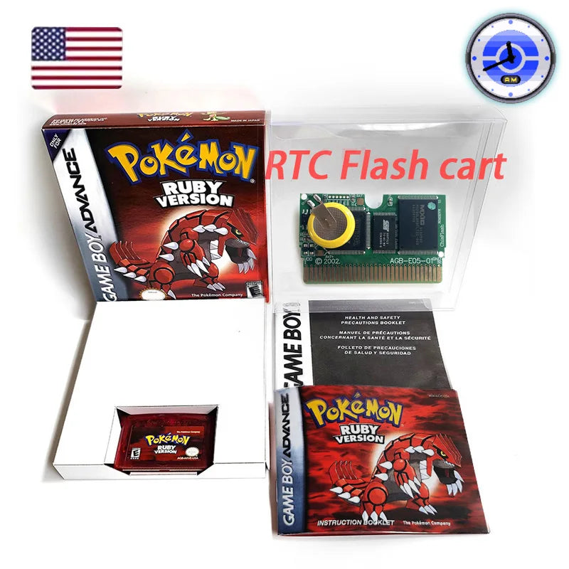 USA FRA NOE FRA version GBA game RTC 1 M Flash CART pokemon sapphire ruby sealed box tray Game Cartridge manual for gba