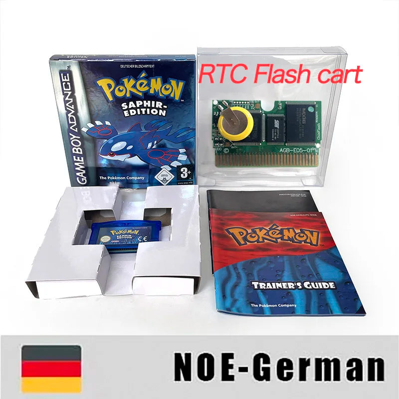 USA FRA NOE FRA version GBA game RTC 1 M Flash CART pokemon sapphire ruby sealed box tray Game Cartridge manual for gba