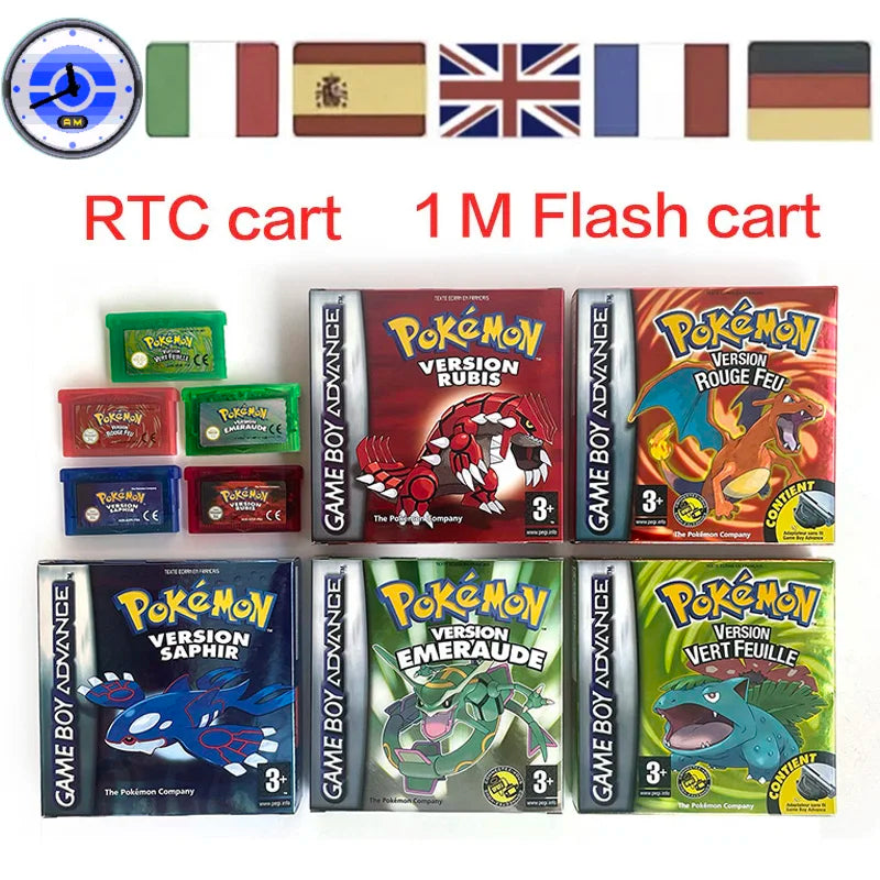 EUR ESP NOE FRA ITA USA RTC flash 1 M Flash CART  Pokemon 5 types Sapphire Firered Emerald Ruby Leafgreen Video Game cart for GBA Multilingual