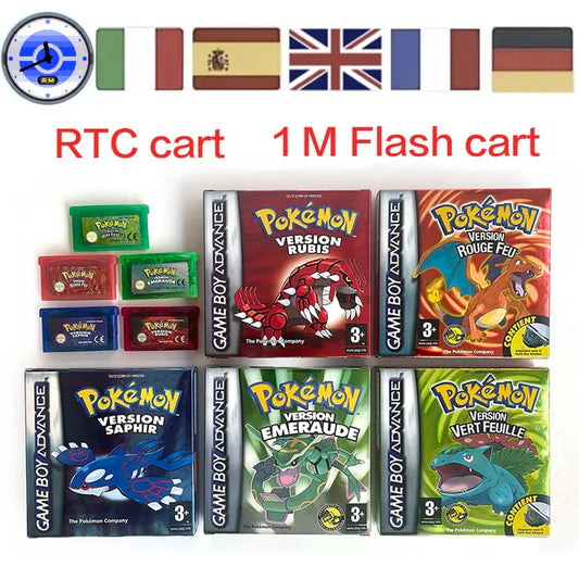 EUR ESP NOE FRA ITA USA RTC flash 1 M Flash CART Pokemon 5 types Sapphire Firered Emerald Ruby Leafgreen Video Game cart for GBA Multilingual