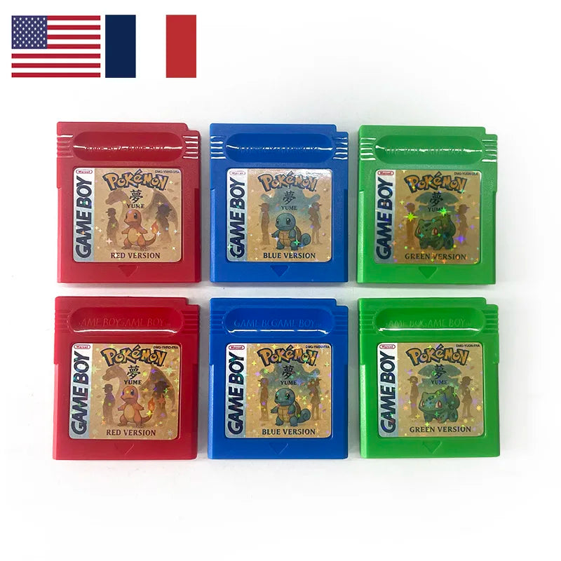 USA FRA English French Pokemon pure yume red blue green battery save cart Cartridge Video Game Console Card Rom Hack for gbc
