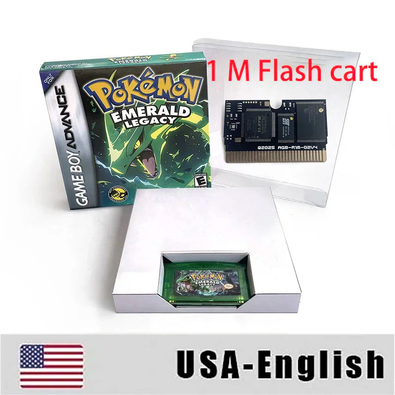 USA English RTC Flash cart pokemon Emerald Legacy v1.1.4 Real Time Clock Flash cart Box with Tray Game Cartridge for GBA