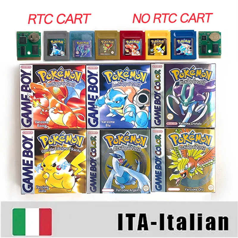 ITA ESP EUR FRA NOE USA Pokemon series RTC Flash silver crystal gold NO RTC flash yellow red blue 16 bit box tray Game Cartridge for GBC Multi-language
