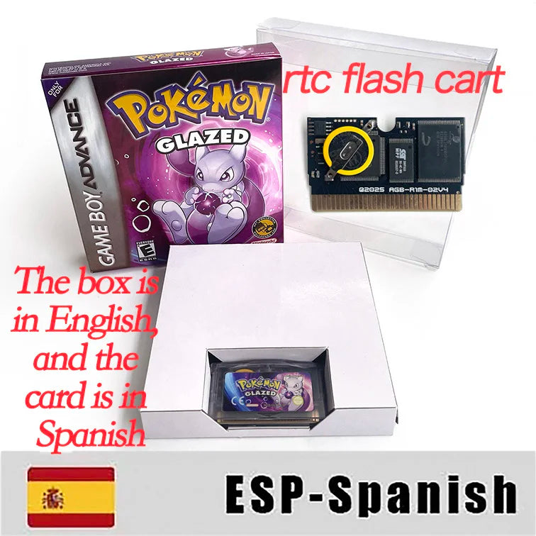 GBA Game USA ESP RTC Flash cart pokemon GLAZED Emerald Legacy firered rocket Unbound Cartridge BOX Card Rom Hack English Spanish