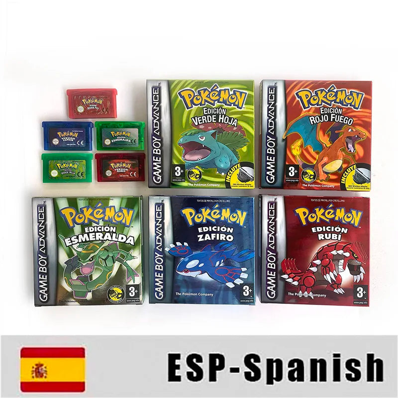 EUR ESP NOE FRA ITA USA RTC flash 1 M Flash CART  Pokemon 5 types Sapphire Firered Emerald Ruby Leafgreen Video Game cart for GBA Multilingual