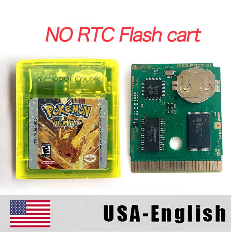 Pokemon YELLOW LEGACY  ( Battery Save / NO RTC Flash ) Cartridge for GBC