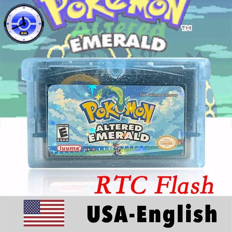 USA English RTC Flash Cart Pokemon Altered Emerald Odyssey GLAZED Flora Sky quetzal pisces Game Cartridge Card Rom Hack for Gba