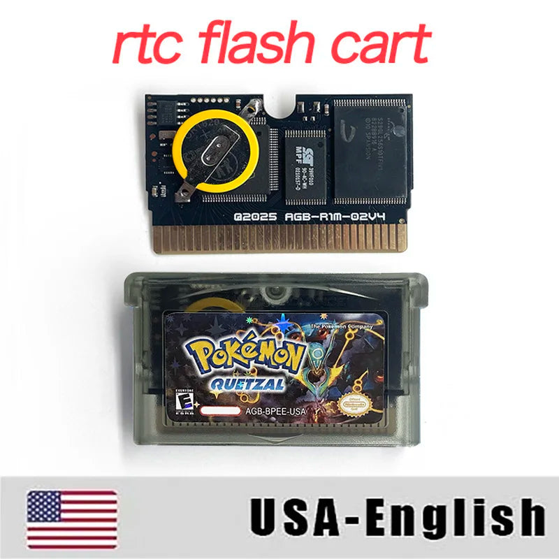 Pokemon quetzal ESP USA Version RTC Flash cart GBA Nintendo Game Cartridge Video Game Console Card Rom Hack Spanish English