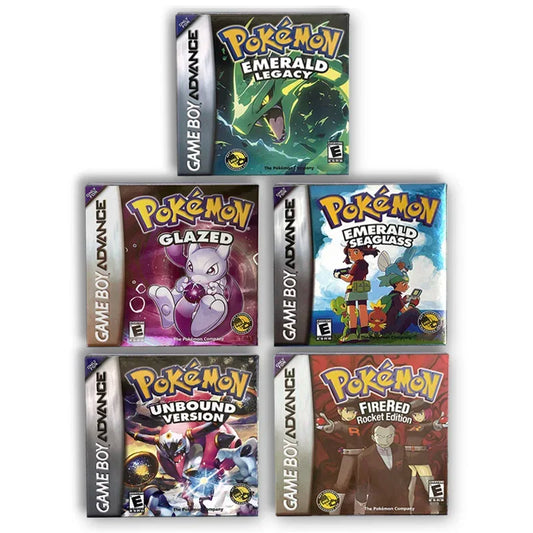 GBA Game USA ESP RTC Flash cart pokemon GLAZED Emerald Legacy firered rocket Unbound Cartridge BOX Card Rom Hack English Spanish