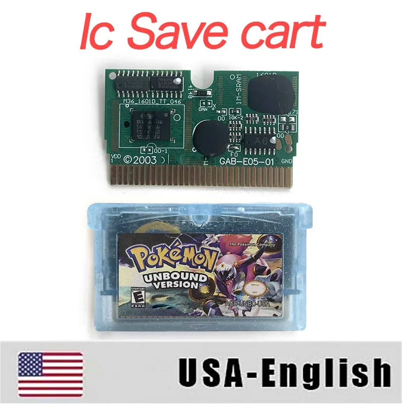 USA ESP Version IC RTC Flash cart Pokemon Unbound (v2.1.1.1) GBA Game Cartridge  Rom Hack Spanish English Language