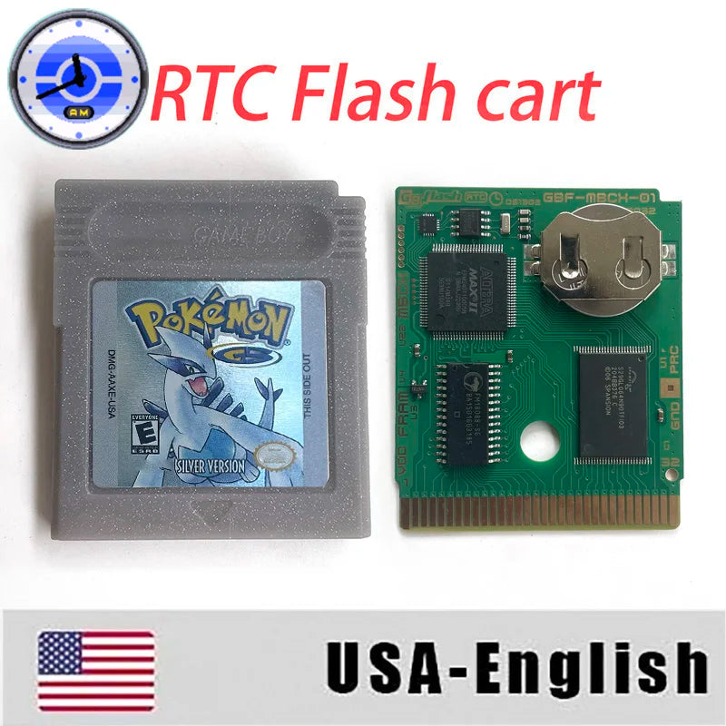 ITA ESP EUR FRA NOE RTC flash cart NO RTC FLASH CART Pokemon gold silver yellow crystal 16 bit Rom Hack Game Cartridge for GBC